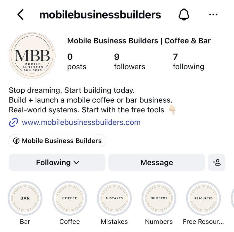 The Mobile Business Builders Instagram profile: bio, link, Facebook page and highlight covers